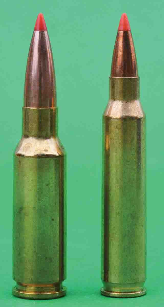 The 6.5 Grendel (left) shares a similar overall length as the 223 Remington (right) and is suitable for AR-15-pattern rifles. The Grendel is vastly superior for long-range work and is based on the famous PPC case.